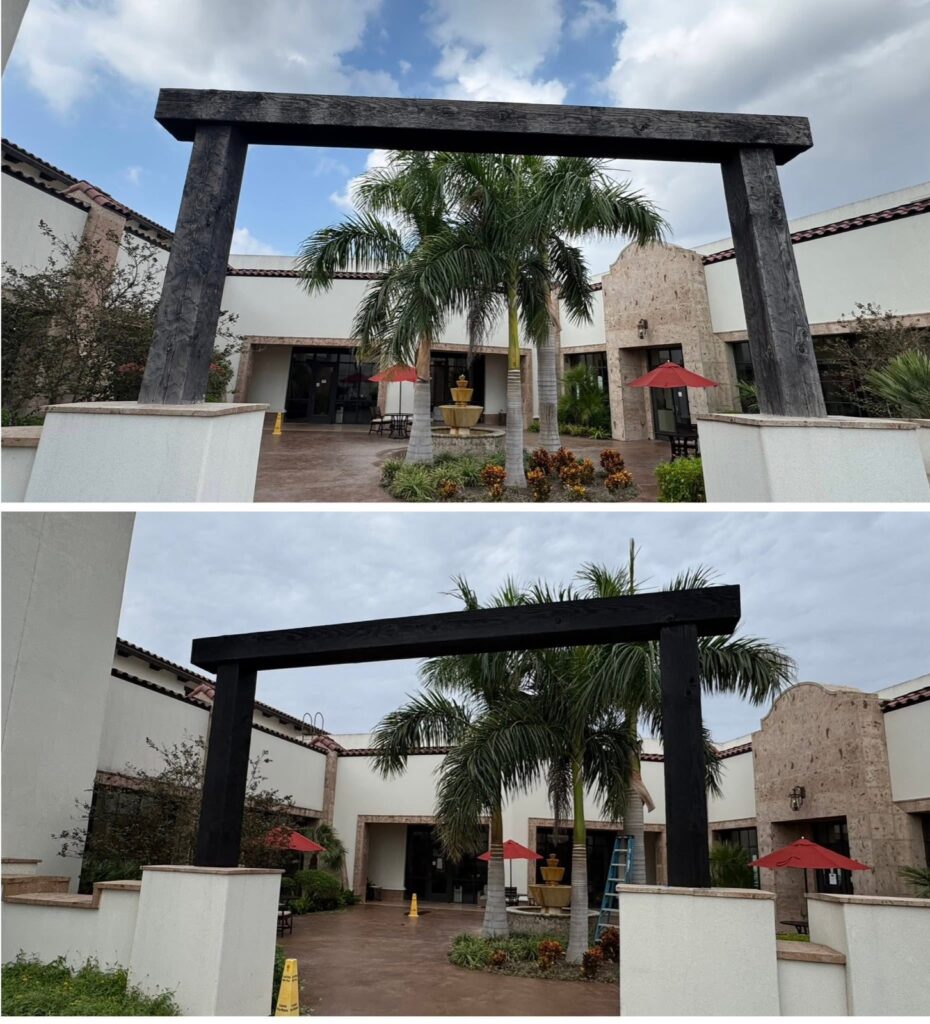 Courtyard entrance before and after exterior cleaning