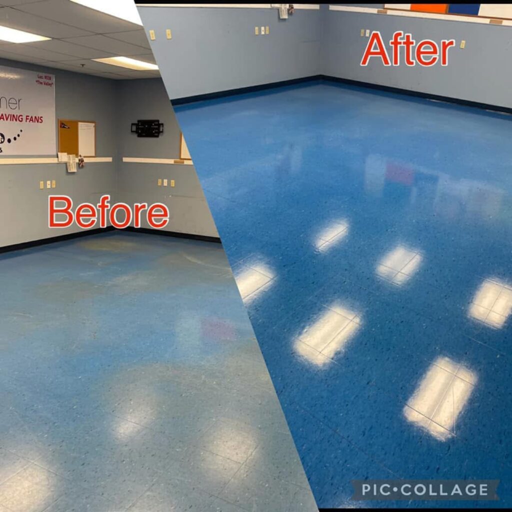 Classroom floor before and after strip and wax